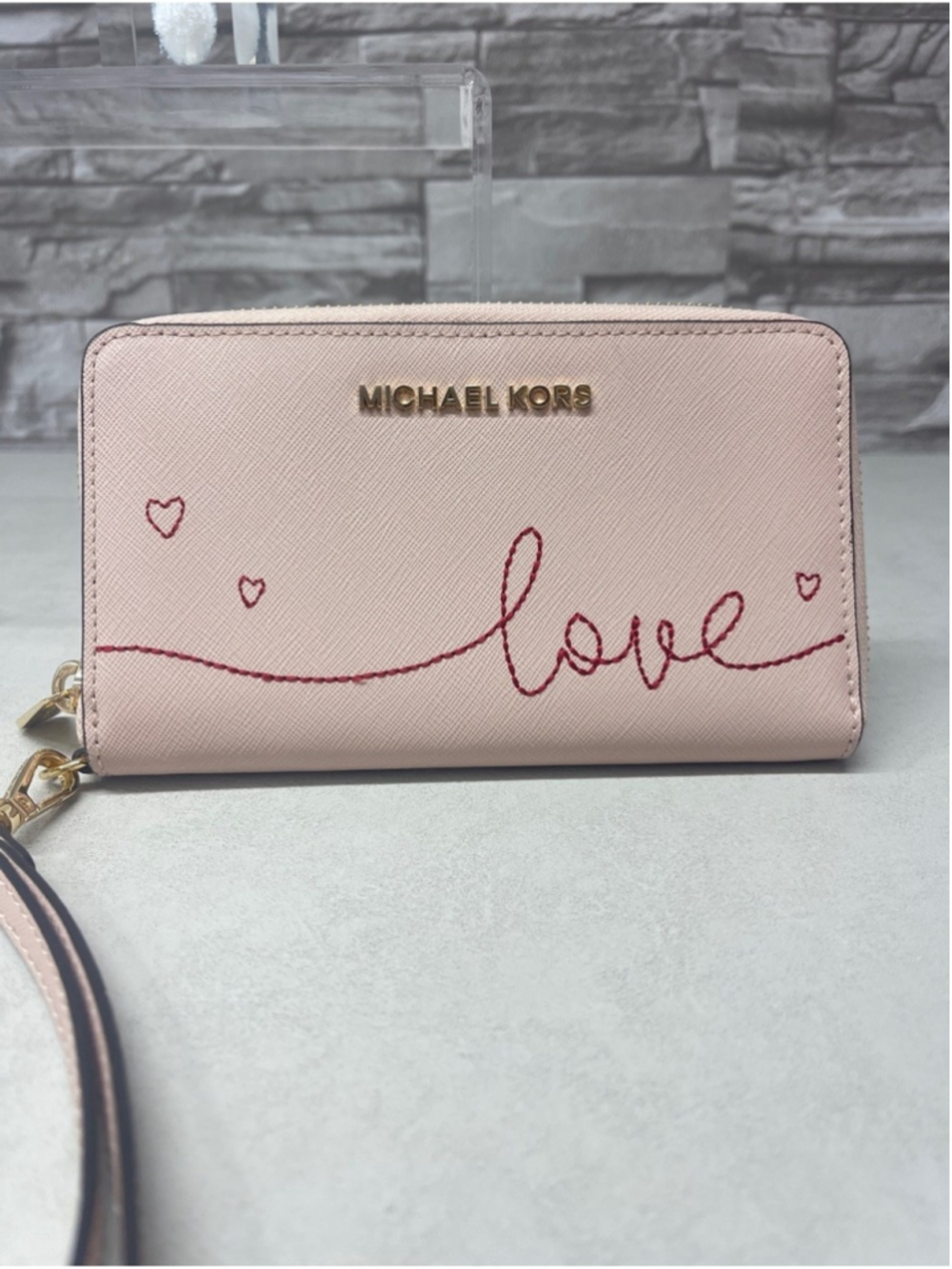 Michael Kors Ballet Pink Embroidered 'Love' Wristlet Zip Wallet Hearts